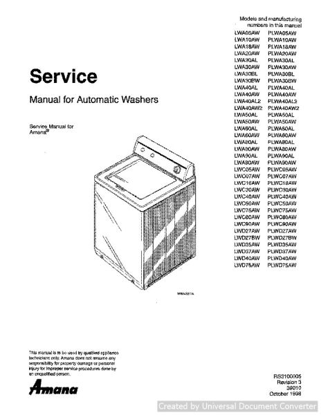Amana LWA40AW Automatic Washer Service Manual
