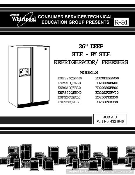 Whirlpool KSBS20QEWH0 26 inch Side x Side Refrigerators and Freezers Service Manual