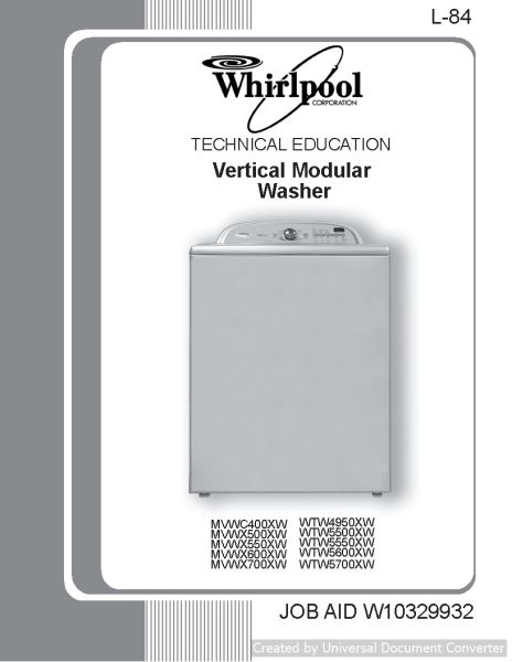 Whirlpool WTW5550XW L-84 Vertical Modular Washer Manual